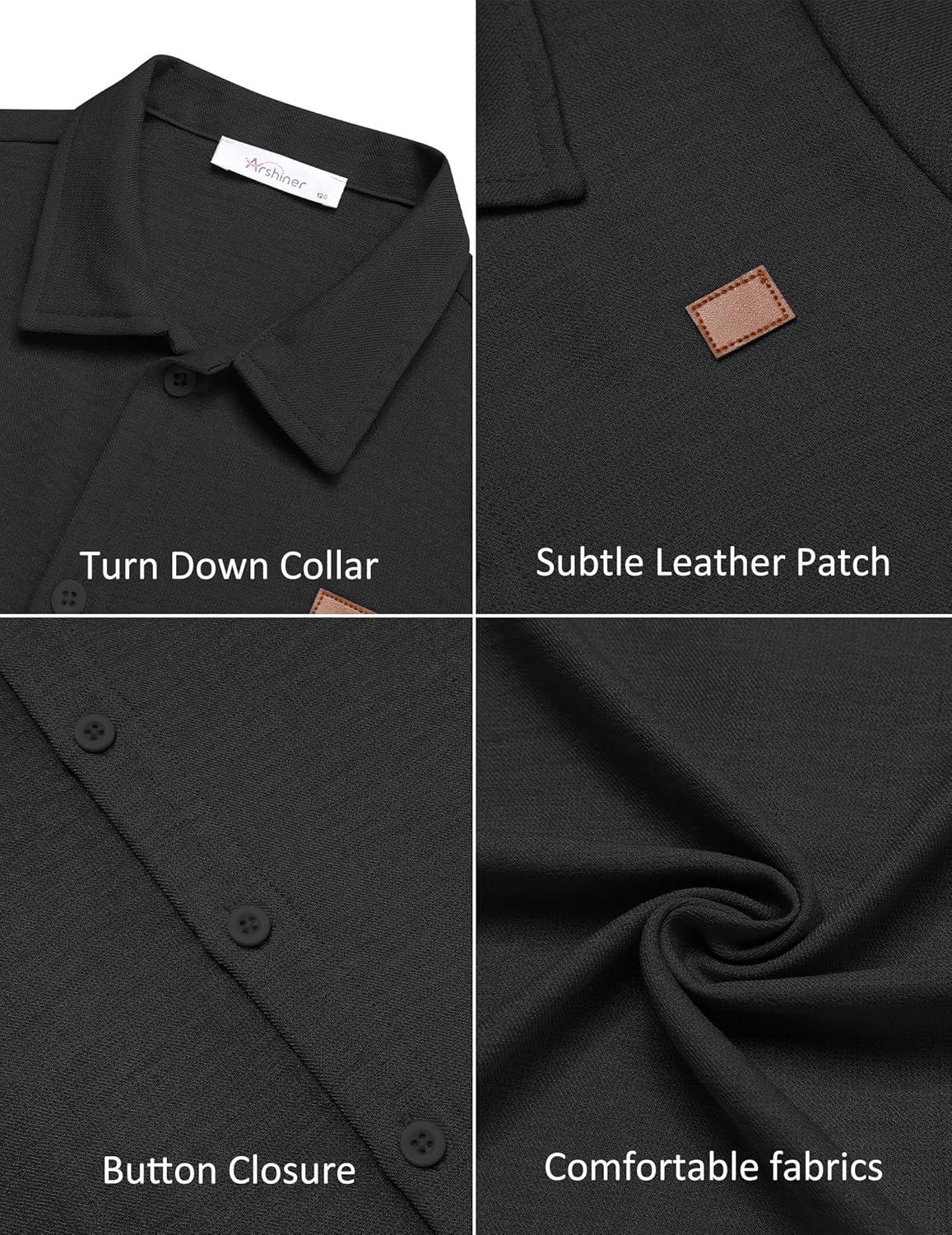 image:imageArshiner Boys Button Down Shirt Short Sleeve Collar Leather Patch Linen Woven Summer Beach Shirts Size 412 YearsBlack