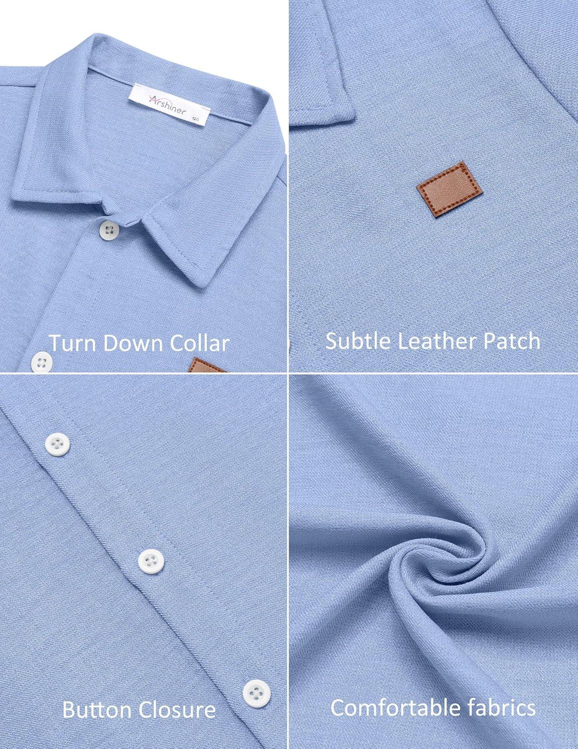 image:imageArshiner Boys Button Down Shirt Short Sleeve Collar Leather Patch Linen Woven Summer Beach Shirts Size 412 YearsBlue