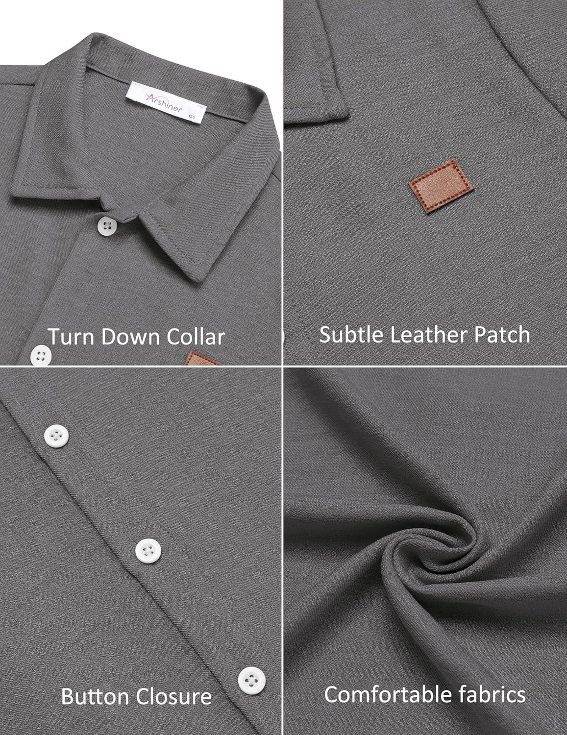 image:imageArshiner Boys Button Down Shirt Short Sleeve Collar Leather Patch Linen Woven Summer Beach Shirts Size 412 YearsGranite Gray