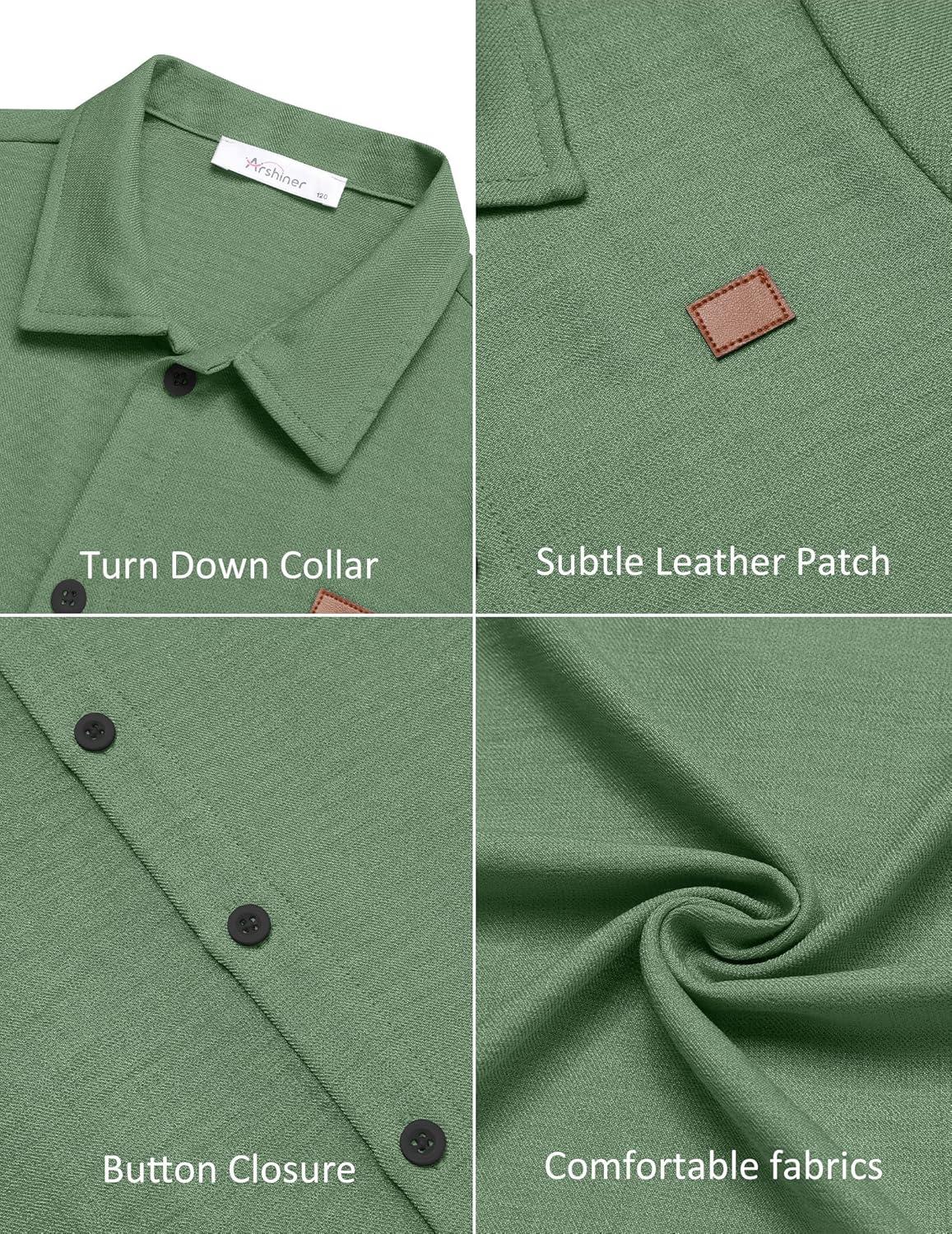 image:imageArshiner Boys Button Down Shirt Short Sleeve Collar Leather Patch Linen Woven Summer Beach Shirts Size 412 YearsGrass Green
