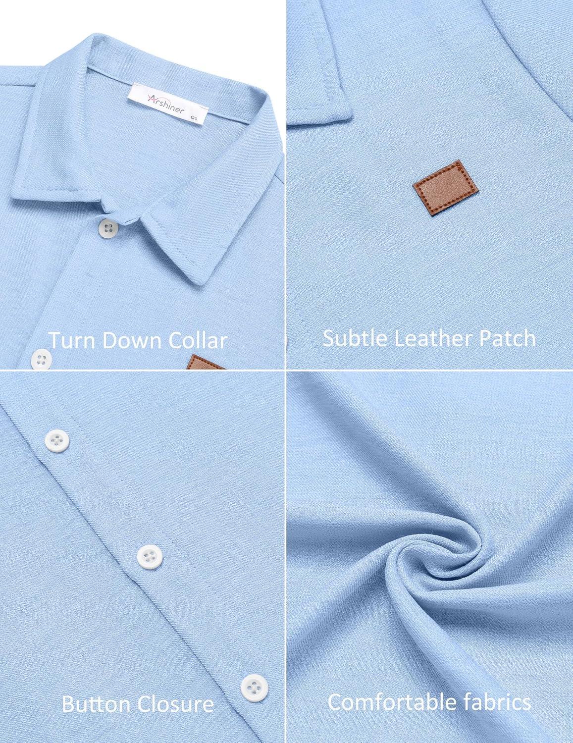 image:imageArshiner Boys Button Down Shirt Short Sleeve Collar Leather Patch Linen Woven Summer Beach Shirts Size 412 YearsIce Blue