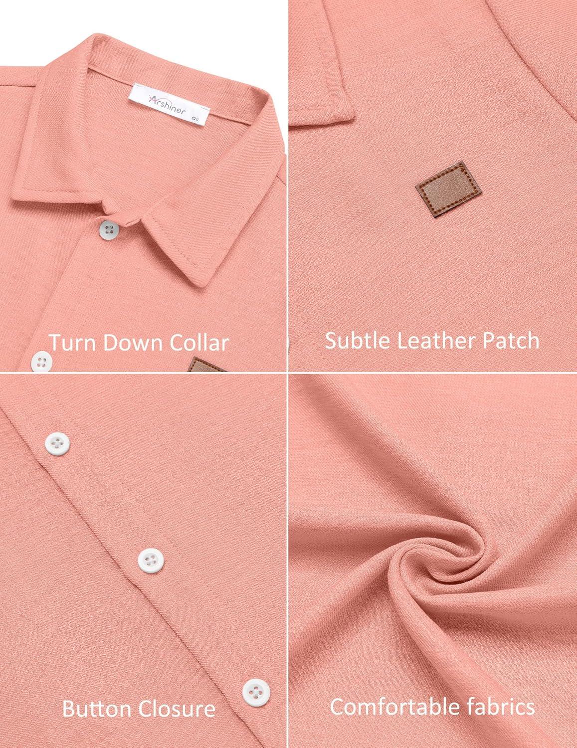 image:imageArshiner Boys Button Down Shirt Short Sleeve Collar Leather Patch Linen Woven Summer Beach Shirts Size 412 YearsPinkish Orange