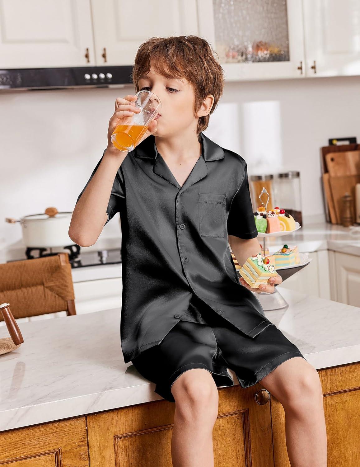image:imageArshiner Boys Pajamas Silk Pajamas Set Short Sleeve Button Down Satin Pjs for 413 YearsBlack
