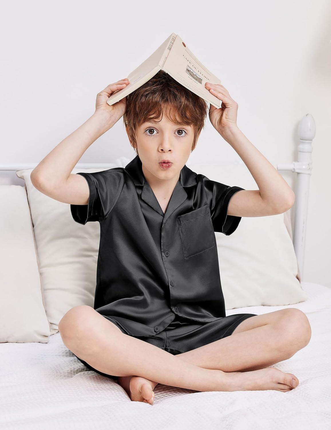 image:imageArshiner Boys Pajamas Silk Pajamas Set Short Sleeve Button Down Satin Pjs for 413 YearsBlack