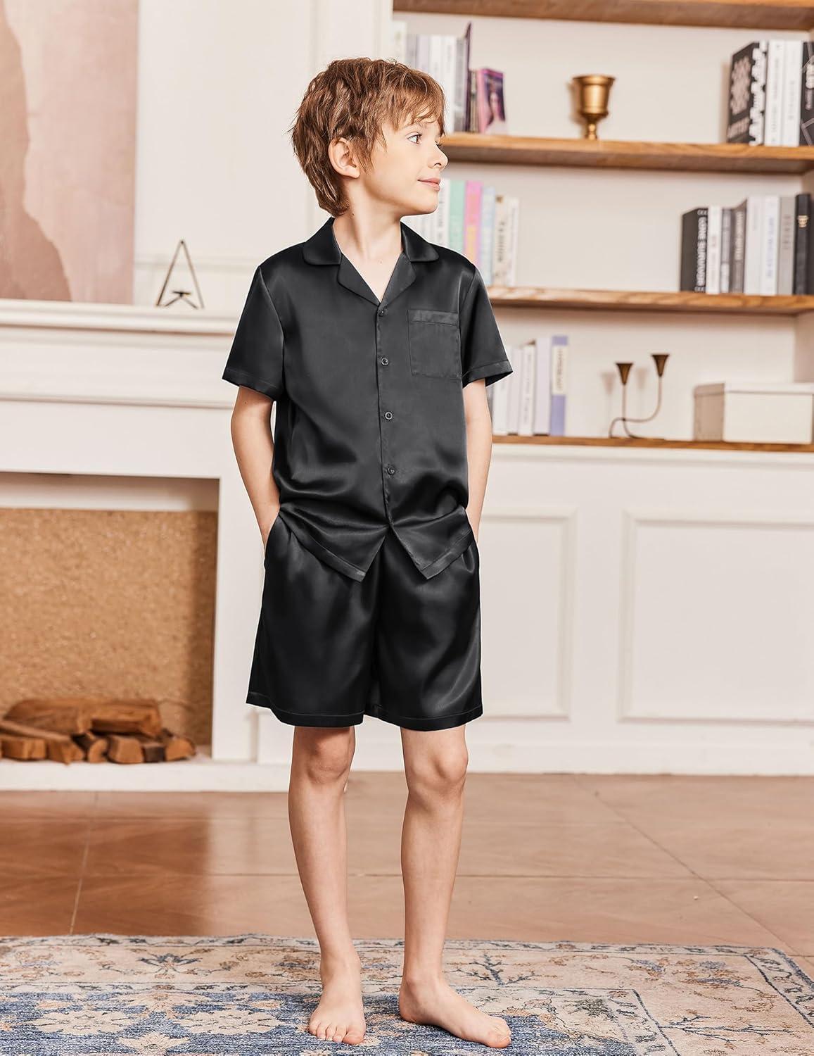 image:imageArshiner Boys Pajamas Silk Pajamas Set Short Sleeve Button Down Satin Pjs for 413 YearsBlack