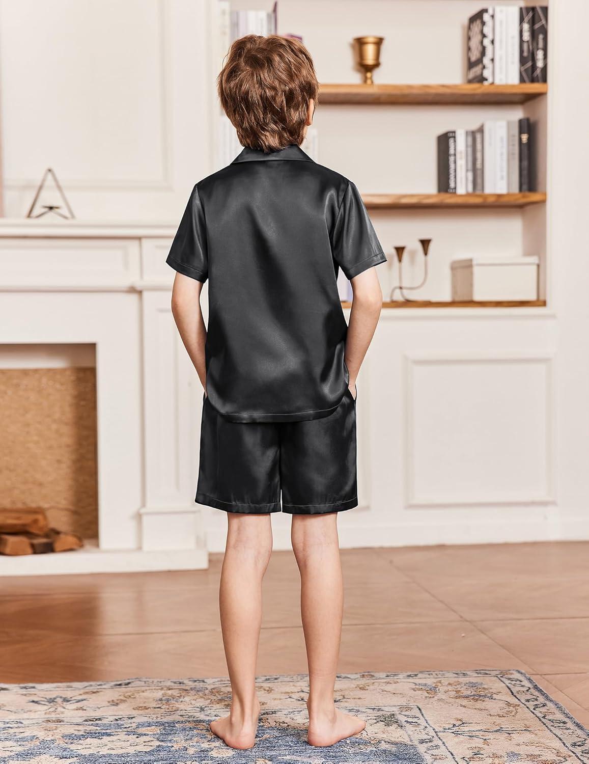 image:imageArshiner Boys Pajamas Silk Pajamas Set Short Sleeve Button Down Satin Pjs for 413 YearsBlack