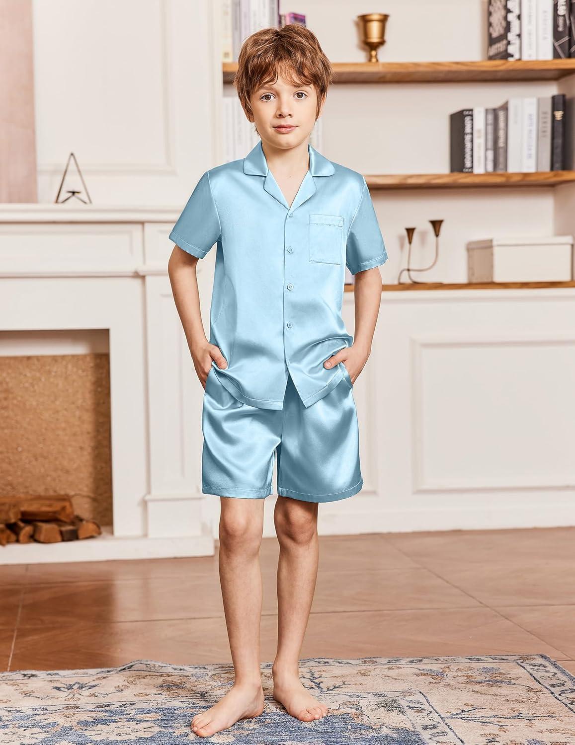 image:imageArshiner Boys Pajamas Silk Pajamas Set Short Sleeve Button Down Satin Pjs for 413 YearsBlue