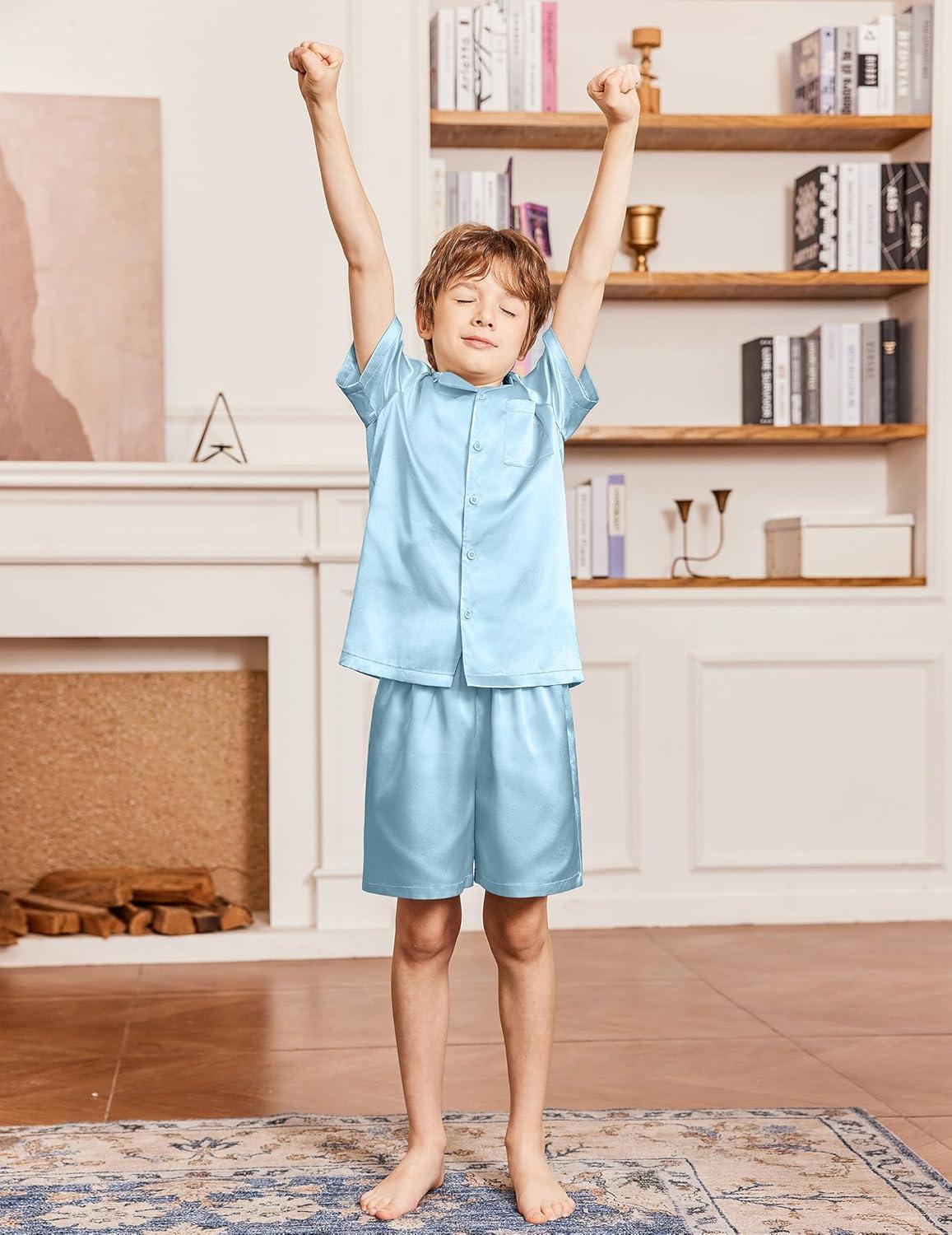 image:imageArshiner Boys Pajamas Silk Pajamas Set Short Sleeve Button Down Satin Pjs for 413 YearsBlue
