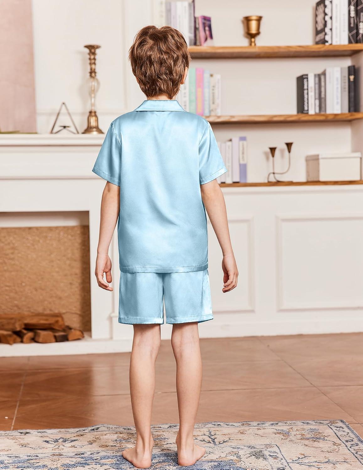 image:imageArshiner Boys Pajamas Silk Pajamas Set Short Sleeve Button Down Satin Pjs for 413 YearsBlue