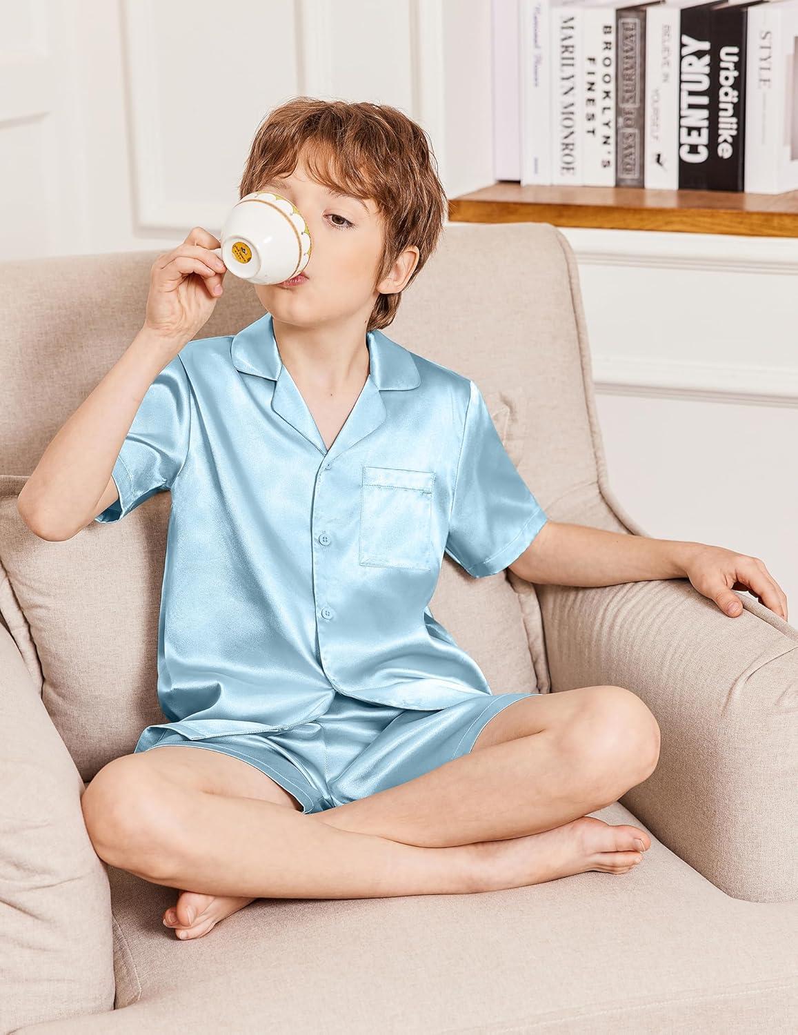 image:imageArshiner Boys Pajamas Silk Pajamas Set Short Sleeve Button Down Satin Pjs for 413 YearsBlue