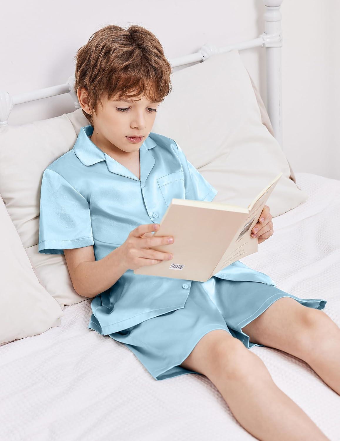 image:imageArshiner Boys Pajamas Silk Pajamas Set Short Sleeve Button Down Satin Pjs for 413 YearsBlue