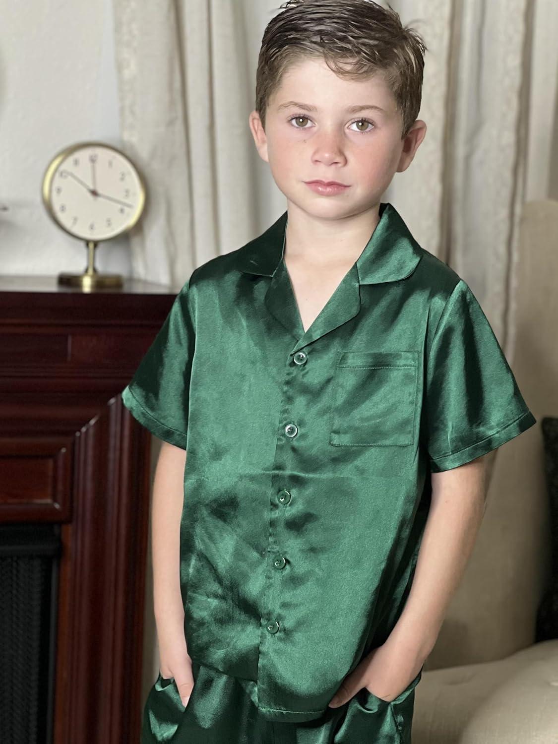 image:imageArshiner Boys Pajamas Silk Pajamas Set Short Sleeve Button Down Satin Pjs for 413 YearsDark Green