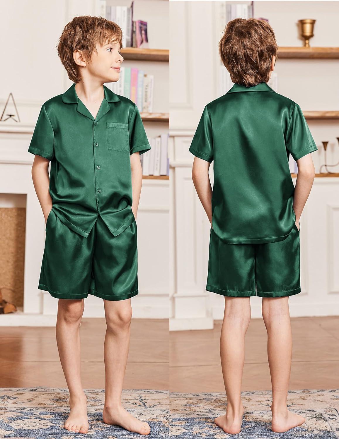 image:imageArshiner Boys Pajamas Silk Pajamas Set Short Sleeve Button Down Satin Pjs for 413 YearsDark Green