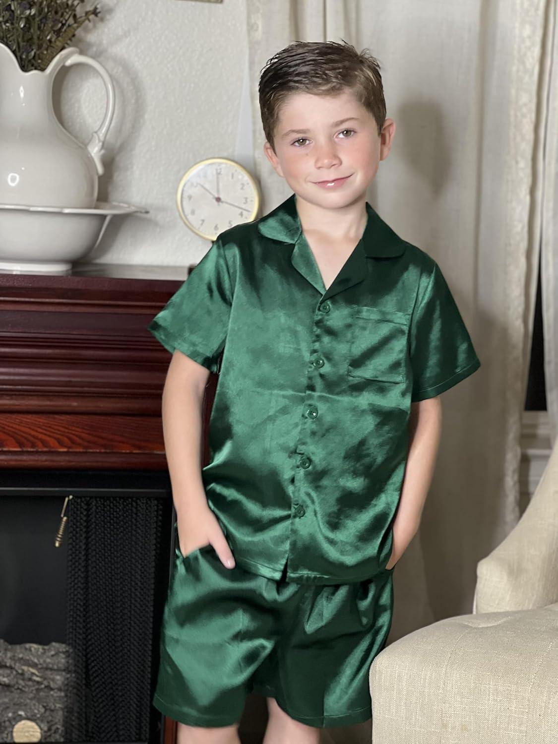 image:imageArshiner Boys Pajamas Silk Pajamas Set Short Sleeve Button Down Satin Pjs for 413 YearsDark Green