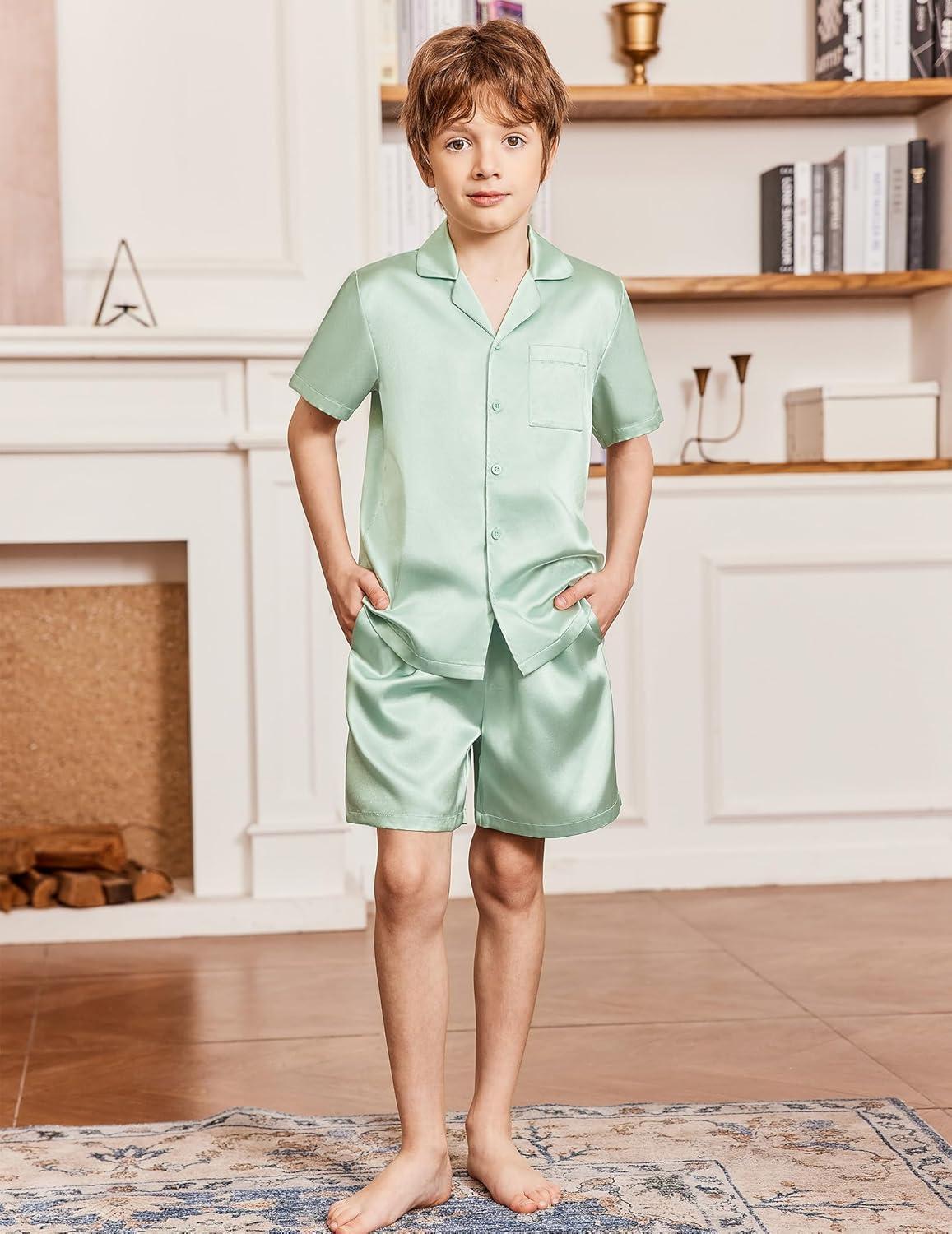 image:imageArshiner Boys Pajamas Silk Pajamas Set Short Sleeve Button Down Satin Pjs for 413 YearsGreen