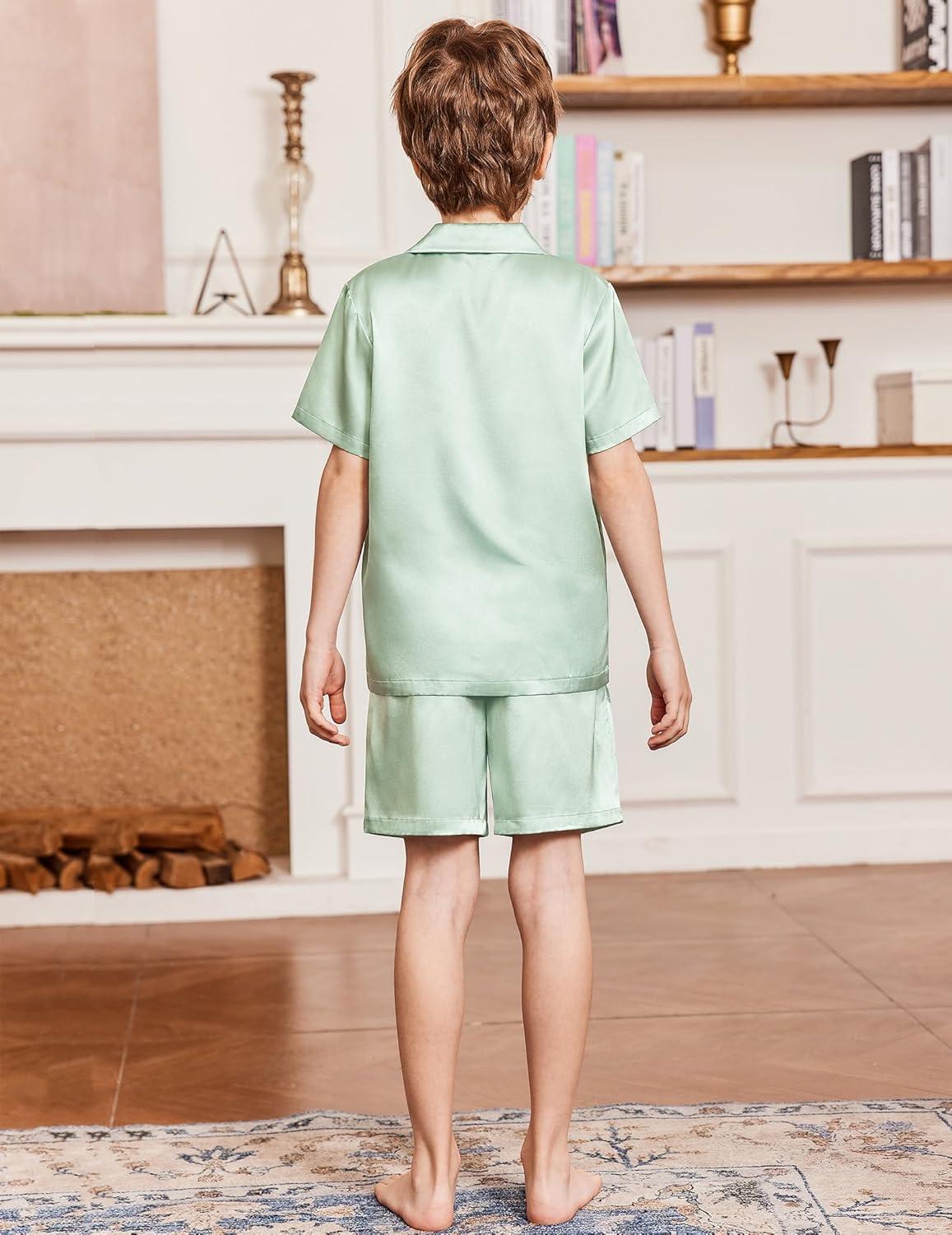 image:imageArshiner Boys Pajamas Silk Pajamas Set Short Sleeve Button Down Satin Pjs for 413 YearsGreen