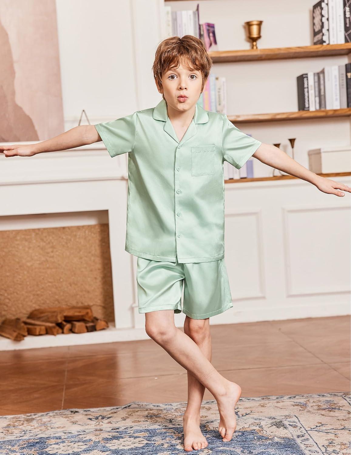 image:imageArshiner Boys Pajamas Silk Pajamas Set Short Sleeve Button Down Satin Pjs for 413 YearsGreen