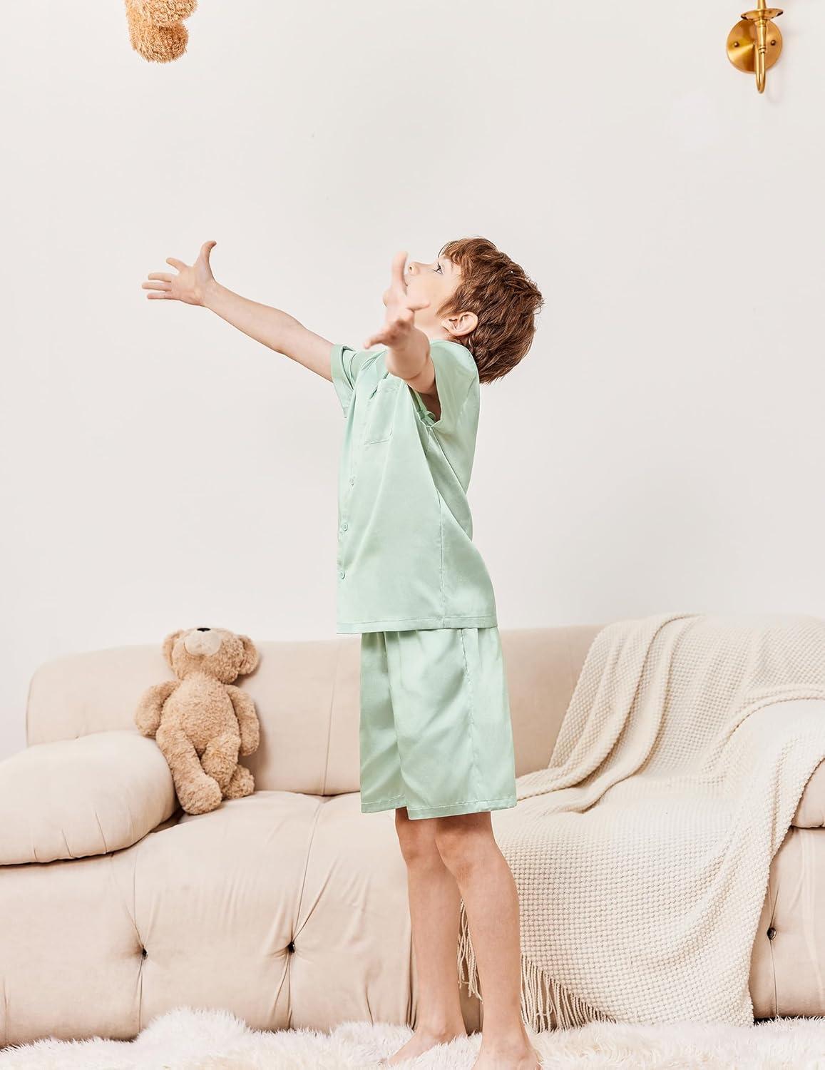 image:imageArshiner Boys Pajamas Silk Pajamas Set Short Sleeve Button Down Satin Pjs for 413 YearsGreen