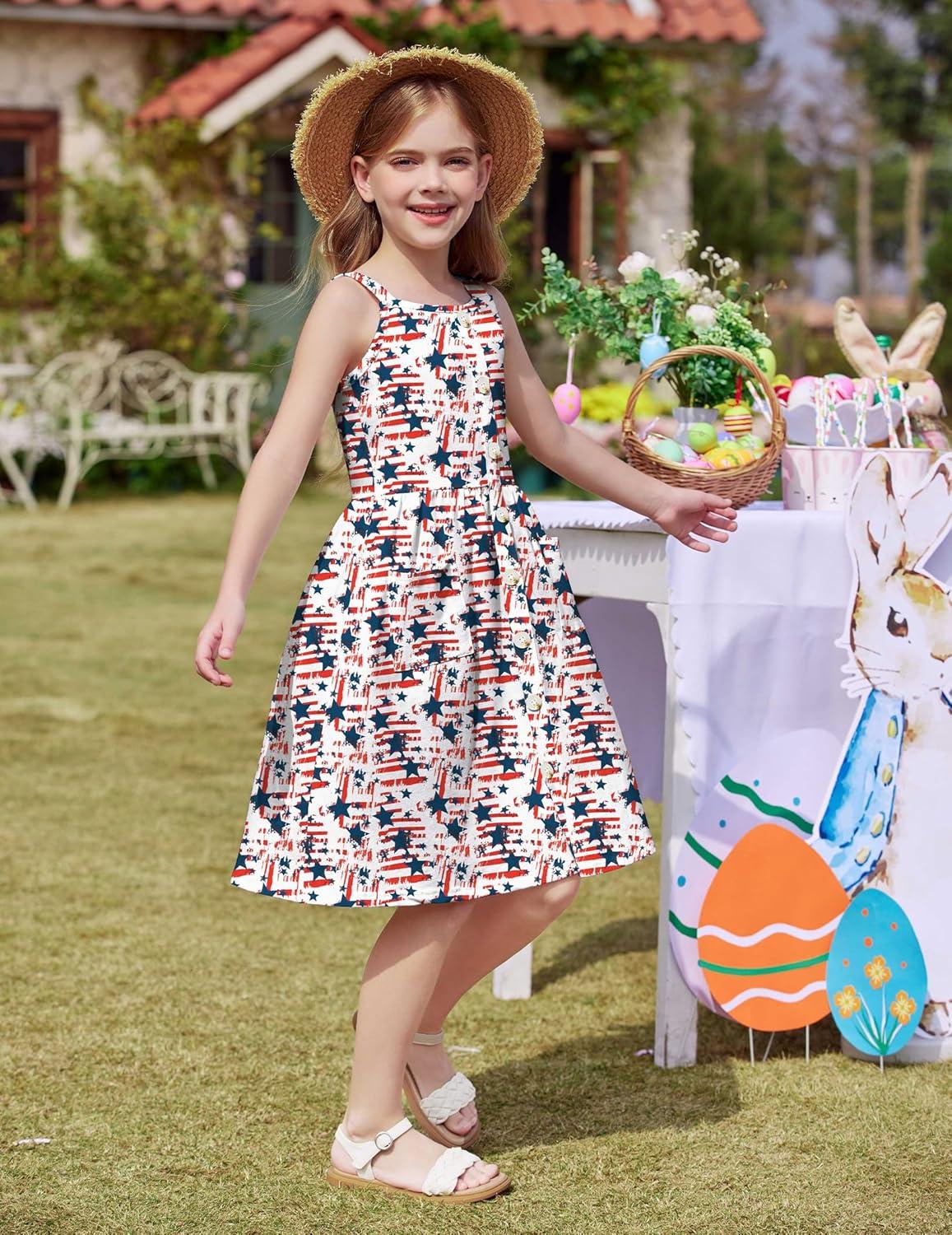 image:imageArshiner Girls Spaghetti Strap Button Down Midi Sleeveless Summer Casual Sundress Aline Dress with PocketsFlag