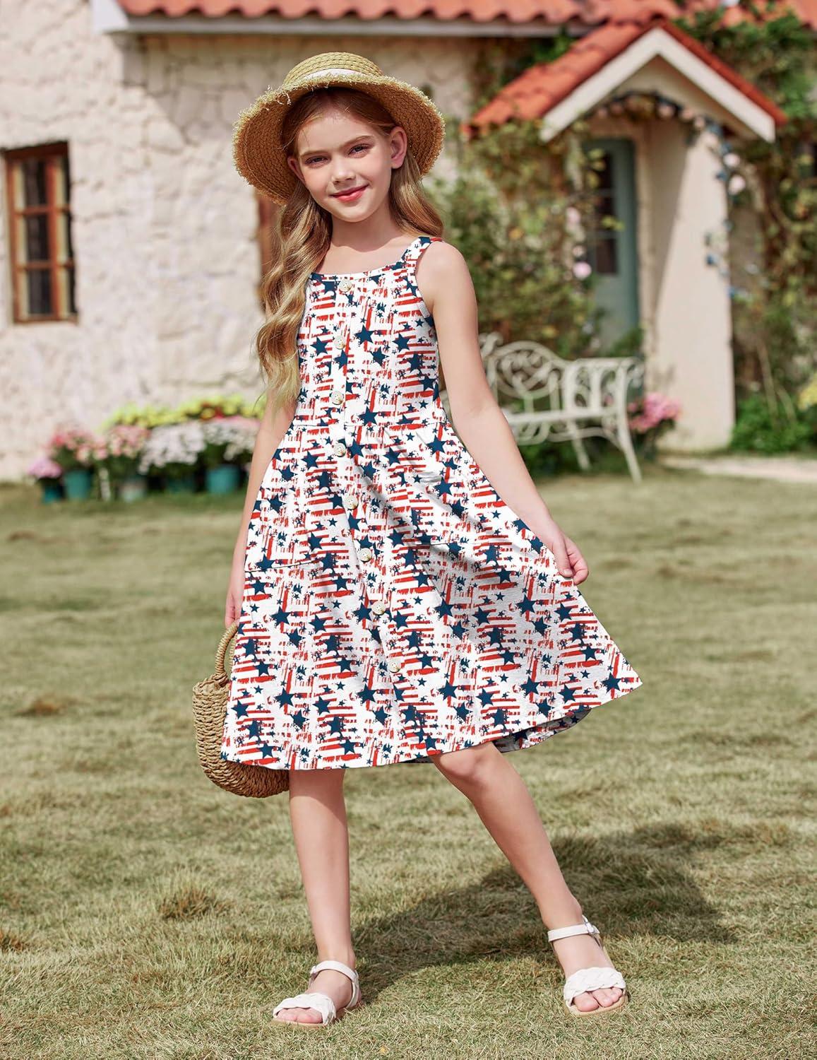 image:imageArshiner Girls Spaghetti Strap Button Down Midi Sleeveless Summer Casual Sundress Aline Dress with PocketsFlag