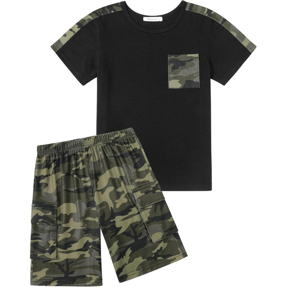 image:imageArshiner Boys 2Piece Camo Stitching Outfit Short Sleeve Cotton TShirt amp Shorts Set Kids Summer Clothes 614 YearsBlack Army Green