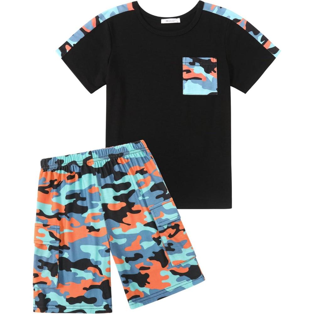image:imageArshiner Boys 2Piece Camo Stitching Outfit Short Sleeve Cotton TShirt amp Shorts Set Kids Summer Clothes 614 YearsBlack Orange
