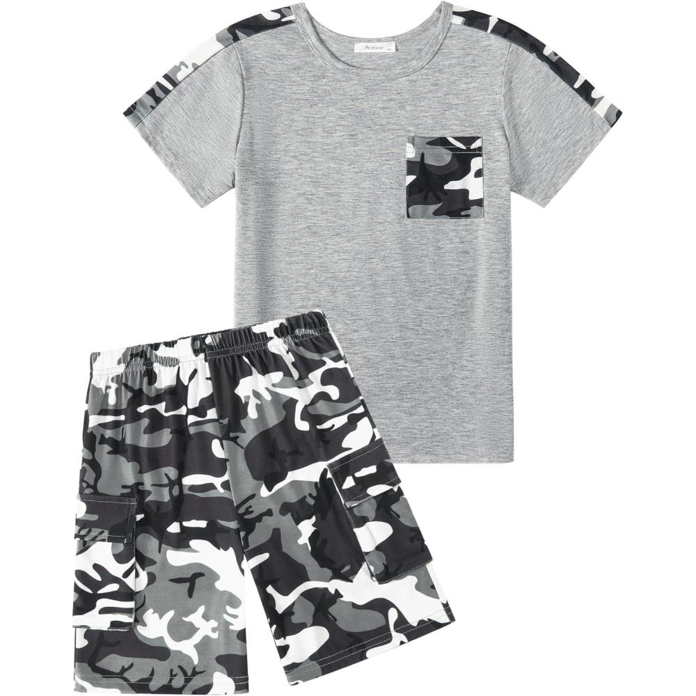 image:imageArshiner Boys 2Piece Camo Stitching Outfit Short Sleeve Cotton TShirt amp Shorts Set Kids Summer Clothes 614 YearsGray