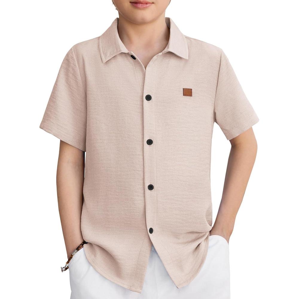 image:imageArshiner Boys Button Down Shirt Short Sleeve Collar Leather Patch Linen Woven Summer Beach Shirts Size 412 YearsButtery Yellow