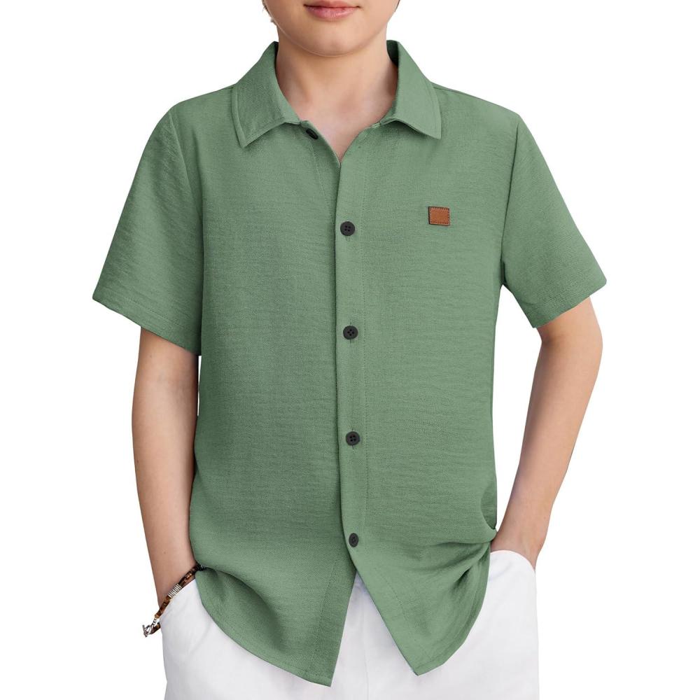 image:imageArshiner Boys Button Down Shirt Short Sleeve Collar Leather Patch Linen Woven Summer Beach Shirts Size 412 YearsGrass Green