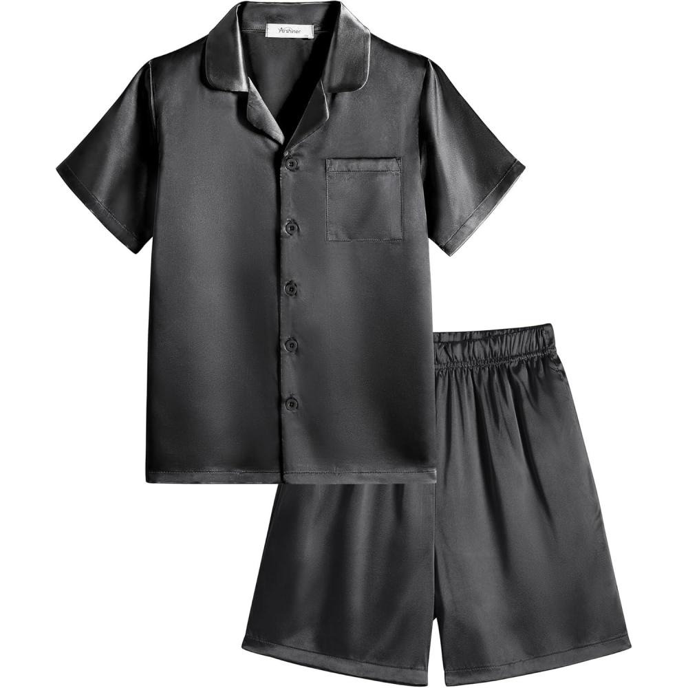 image:imageArshiner Boys Pajamas Silk Pajamas Set Short Sleeve Button Down Satin Pjs for 413 YearsBlack