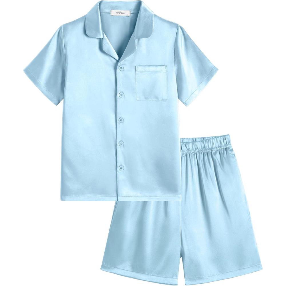 image:imageArshiner Boys Pajamas Silk Pajamas Set Short Sleeve Button Down Satin Pjs for 413 YearsBlue