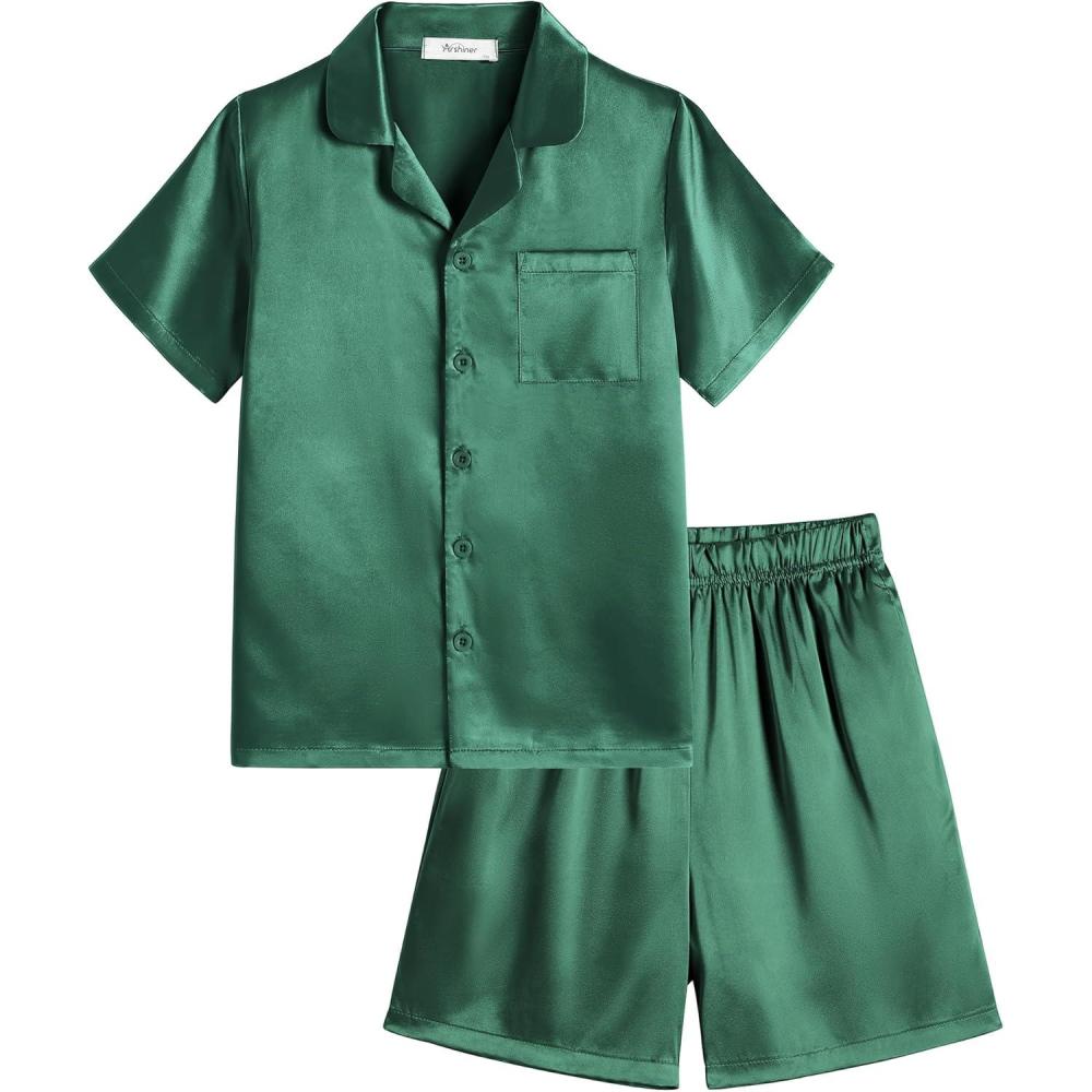 image:imageArshiner Boys Pajamas Silk Pajamas Set Short Sleeve Button Down Satin Pjs for 413 YearsDark Green