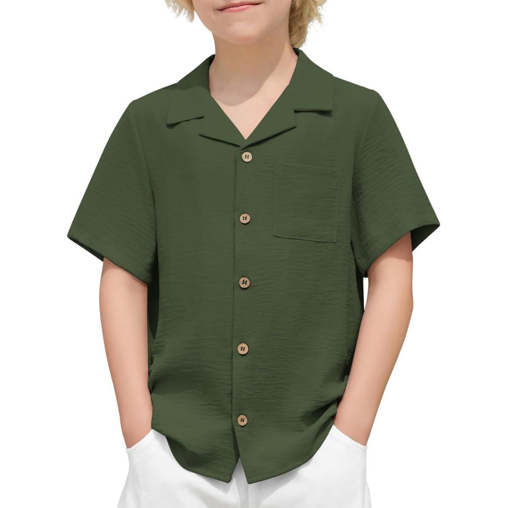 image:imageArshiner Boys Short Sleeve Button Down Shirt Texture Summer Beach Vacation Shirt 412 YearsArmy Green