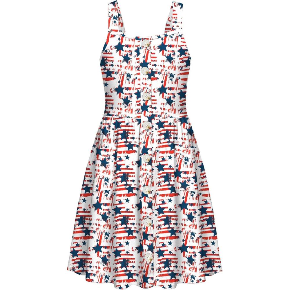 image:imageArshiner Girls Spaghetti Strap Button Down Midi Sleeveless Summer Casual Sundress Aline Dress with PocketsFlag