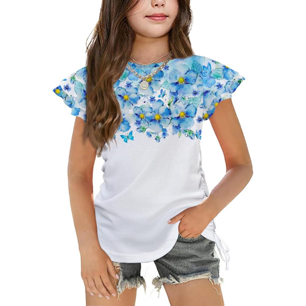 image:imageArshiner Girls T Shirts Ruffle Short Sleeve Ruched Knot Side Tunic Blouse Summer Tee TopsBlue Flower Tiedye