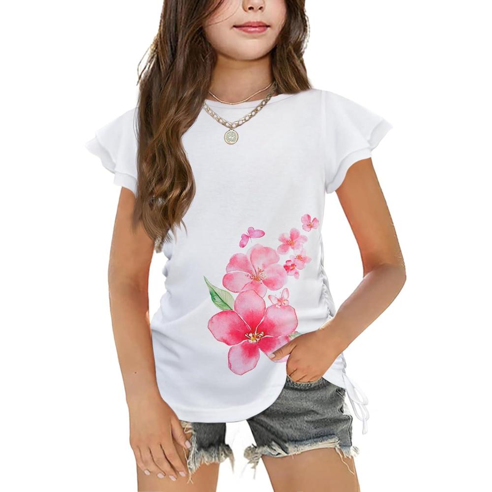 image:imageArshiner Girls T Shirts Ruffle Short Sleeve Ruched Knot Side Tunic Blouse Summer Tee TopsFlowers Print