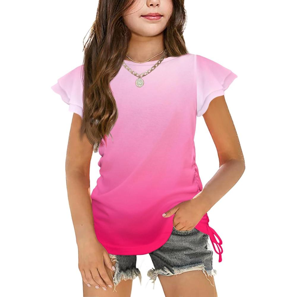 image:imageArshiner Girls T Shirts Ruffle Short Sleeve Ruched Knot Side Tunic Blouse Summer Tee TopsGradient Pink