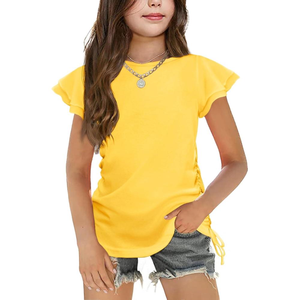 image:imageArshiner Girls T Shirts Ruffle Short Sleeve Ruched Knot Side Tunic Blouse Summer Tee TopsYellow