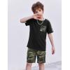 Arshiner Boys 2-Piece Camo Stitching Outfit Short Sleeve Cotton T-Shirt & Shorts Set Kids Summer Clothes 6-14 Years(Black & Army Green)