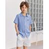 Arshiner Boys Button Down Shirt Short Sleeve Collar Leather Patch Linen Woven Summer Beach Shirts Size 4-12 Years(Blue)