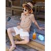 Arshiner Boys Button Down Shirt Short Sleeve Collar Leather Patch Linen Woven Summer Beach Shirts Size 4-12 Years(Light Brown)