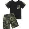 Arshiner Boys 2-Piece Camo Stitching Outfit Short Sleeve Cotton T-Shirt & Shorts Set Kids Summer Clothes 6-14 Years(Black & Army Green)