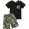 Arshiner Boys 2-Piece Camo Stitching Outfit Short Sleeve Cotton T-Shirt & Shorts Set Kids Summer Clothes 6-14 Years(Black & Green)