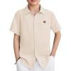 Arshiner Boys Button Down Shirt Short Sleeve Collar Leather Patch Linen Woven Summer Beach Shirts Size 4-12 Years(Beige)