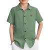 Arshiner Boys Button Down Shirt Short Sleeve Collar Leather Patch Linen Woven Summer Beach Shirts Size 4-12 Years(Grass Green)