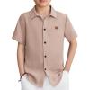 Arshiner Boys Button Down Shirt Short Sleeve Collar Leather Patch Linen Woven Summer Beach Shirts Size 4-12 Years(Light Brown)
