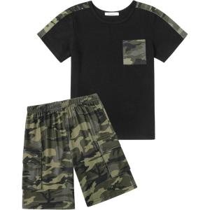 Arshiner Boys 2-Piece Camo Stitching Outfit Short Sleeve Cotton T-Shirt & Shorts Set Kids Summer Clothes 6-14 Years(Black & Army Green)