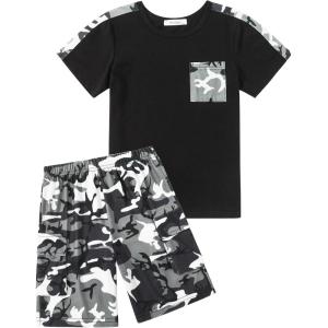 Arshiner Boys 2-Piece Camo Stitching Outfit Short Sleeve Cotton T-Shirt & Shorts Set Kids Summer Clothes 6-14 Years(Black & Gray)