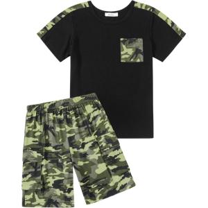 Arshiner Boys 2-Piece Camo Stitching Outfit Short Sleeve Cotton T-Shirt & Shorts Set Kids Summer Clothes 6-14 Years(Black & Green)