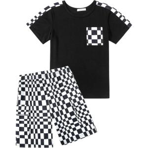 Arshiner Boys 2-Piece Camo Stitching Outfit Short Sleeve Cotton T-Shirt & Shorts Set Kids Summer Clothes 6-14 Years(Checkered Pattern)